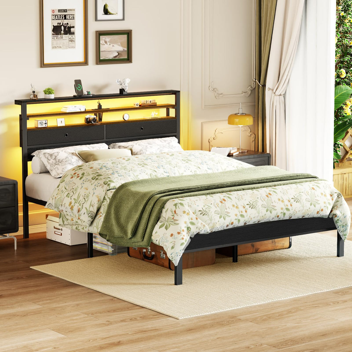 Furnulem Queen Bed Frame with Headboard & 2 Fabric Drawers, Bed Frame Queen Size Featuring LED Lights, Built-in Charging Station & Storage Shelves, Metal Slats, No Box Spring Needed – Black Oak Furnulem