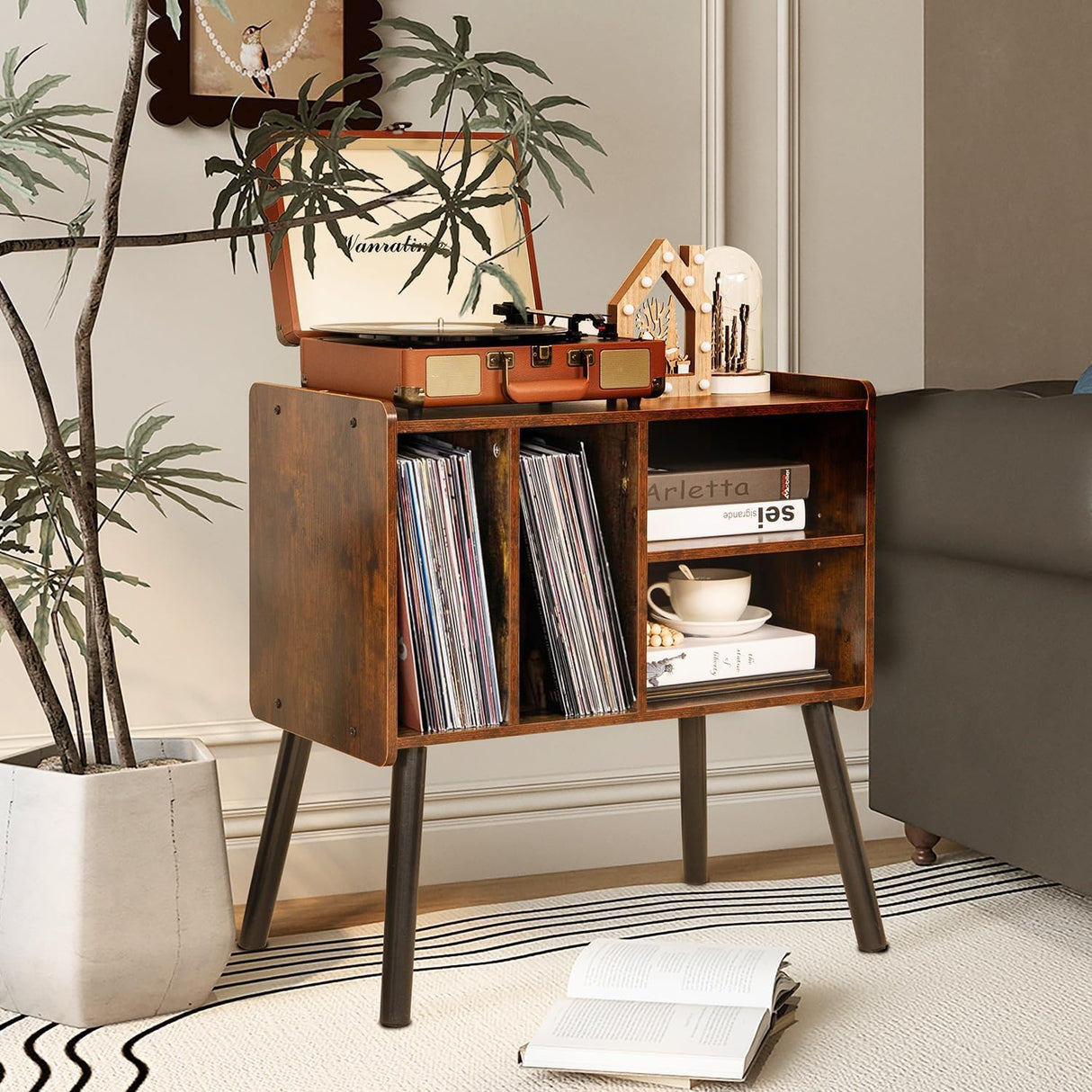UODERS Record Player Table, Mid-Century Record Player Stand with Vinyl Storage Hold Up to 150+ Albums, Vinyl Record Cabinet with Adjustable Shelves, Wood Turntable Stand for Music Living Room (Brown) UODERS