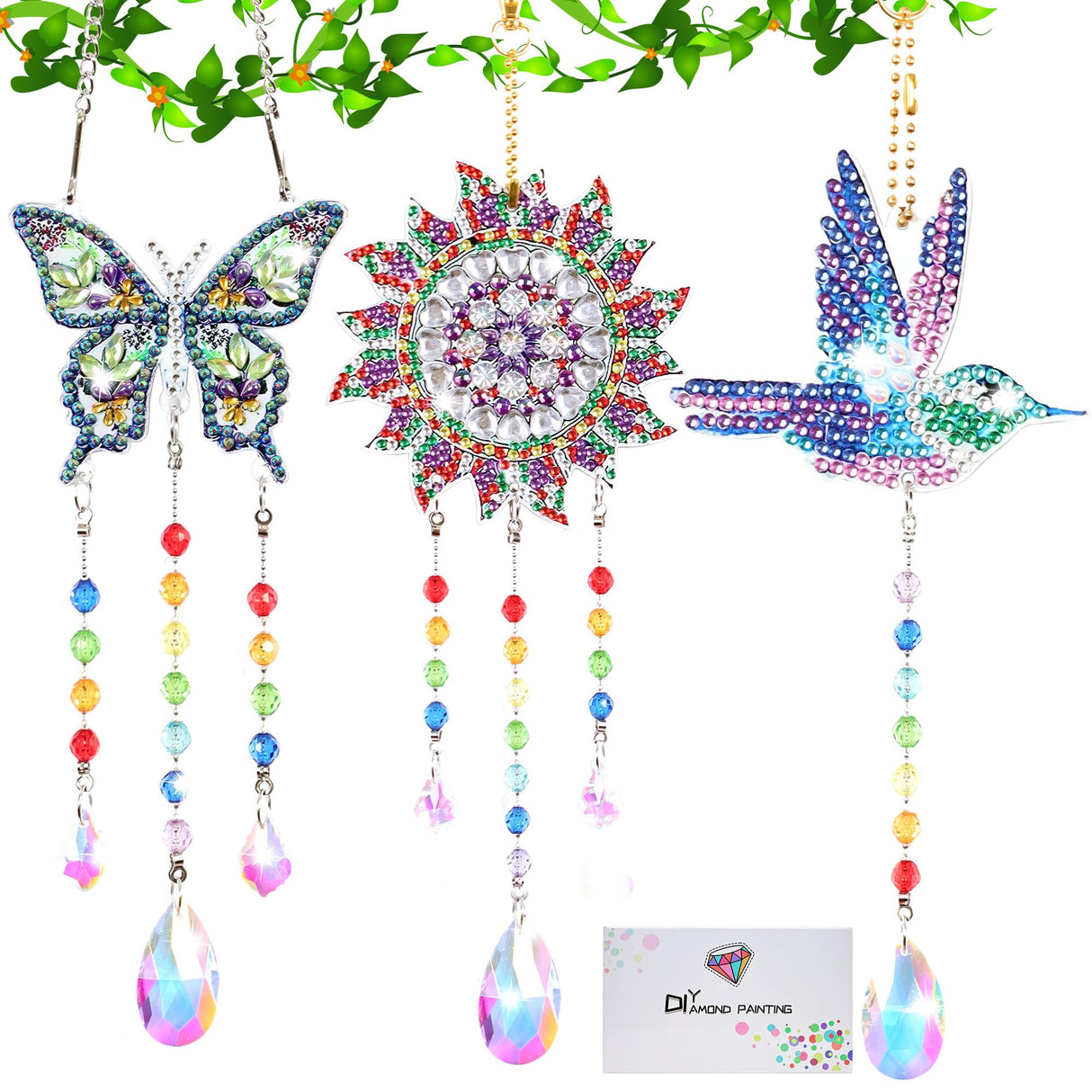 Funshot 3 Pcs DIY Diamond Painting, Small Hummingbird Suncatcher Diamond Art Kits for Adults, Butterfly Decor Diamond Art Kit, Hanging Ornaments Wind Chime Kit Funshot