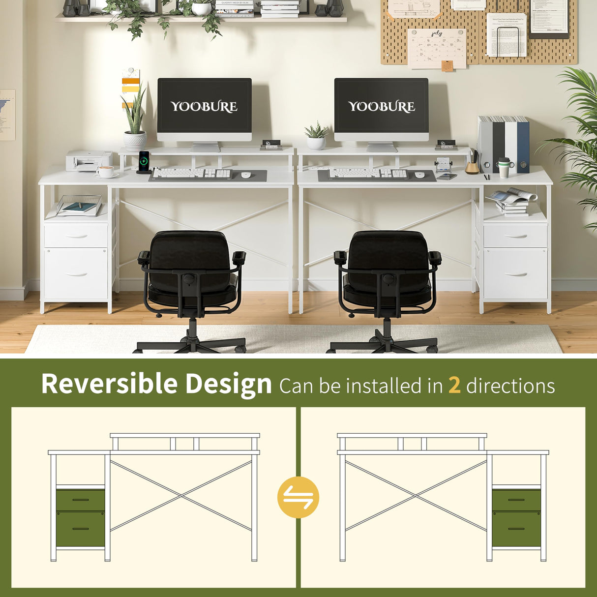 Yoobure White Computer Desk with Drawers, 55.1" Gaming Desk with LED Lights & Power Outlets, Office Desk with Fabric File Cabinets, Gaming Table with Long Monitor Stand, PC Desk with Storage Yoobure