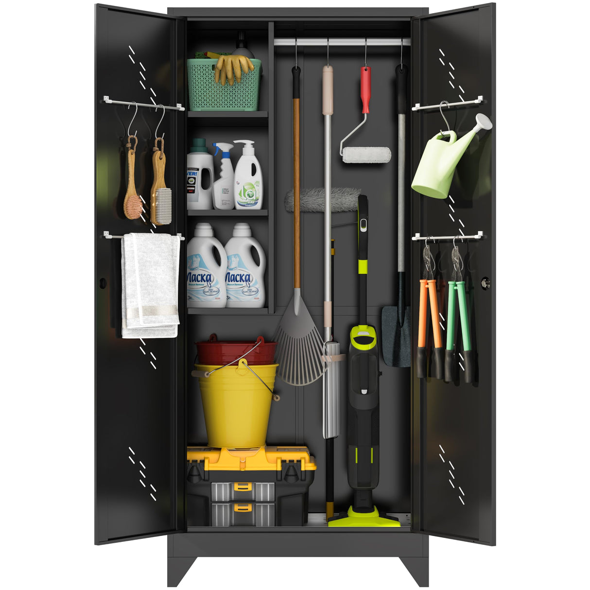 Metal Garage Storage Cabinet, 75“ Cleaning Tool Storage Cabinet, Multifunctional Garage Storage Broom Closet with Doors, Handing Rod (Black, Door-2) CBNTKI