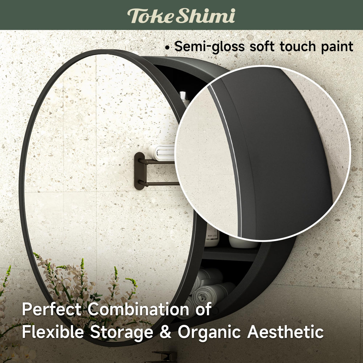 TokeShimi 20 Inch Round Black Medicine Cabinet for Bathroom with Vanity Mirror Small Metal Framed Bathroom Mirrored Cabinet for Wall Mounted Only Circle Farmhouse Medicine Cabinet Removable Shelves TokeShimi