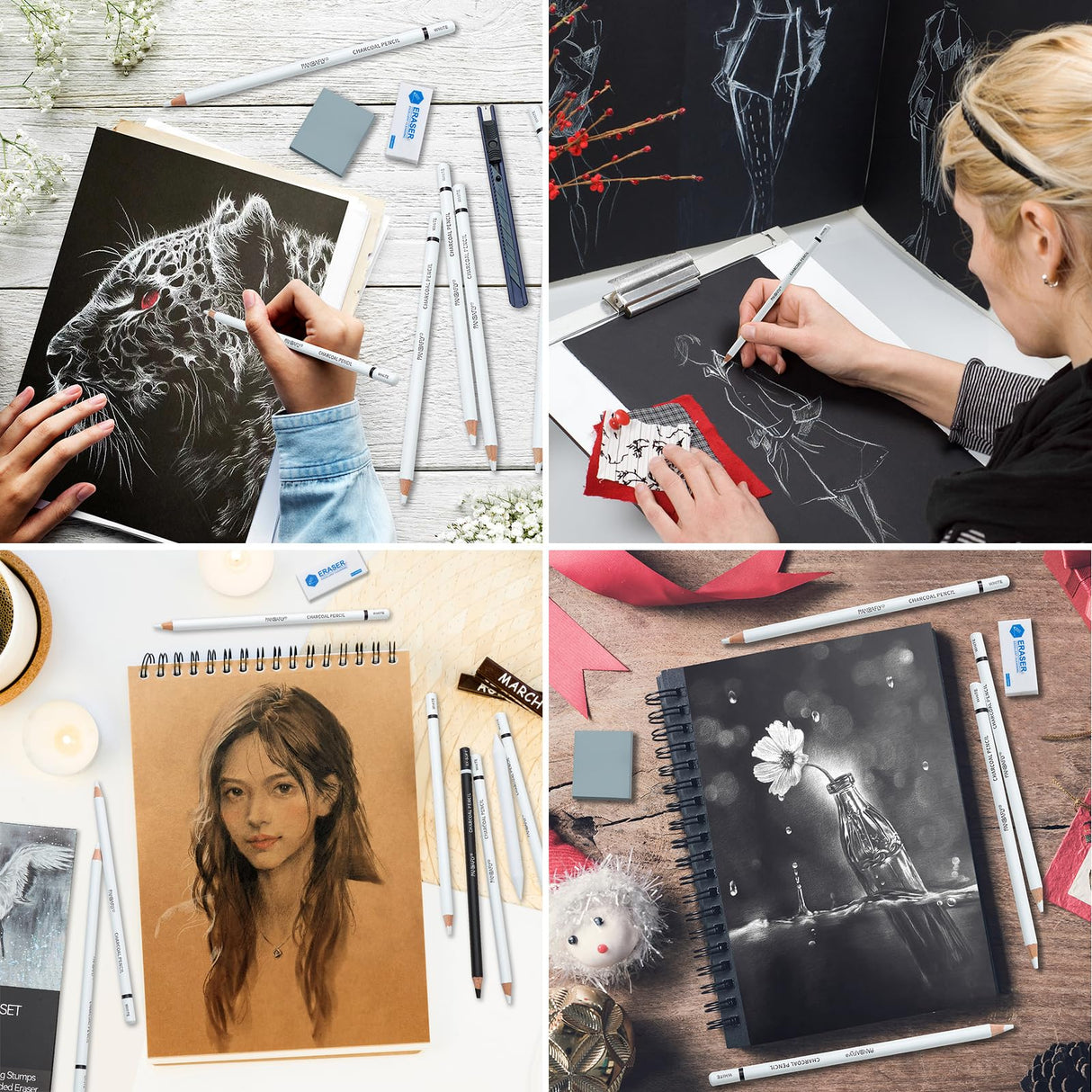 PANDAFLY White Charcoal Pencils Set, Professional 14 Piece Sketch Highlight Charcoal Pencils for Drawing, Sketching, Shading, Blending, White Chalk Pencils for Kid, Beginners & Pro Artists PANDAFLY