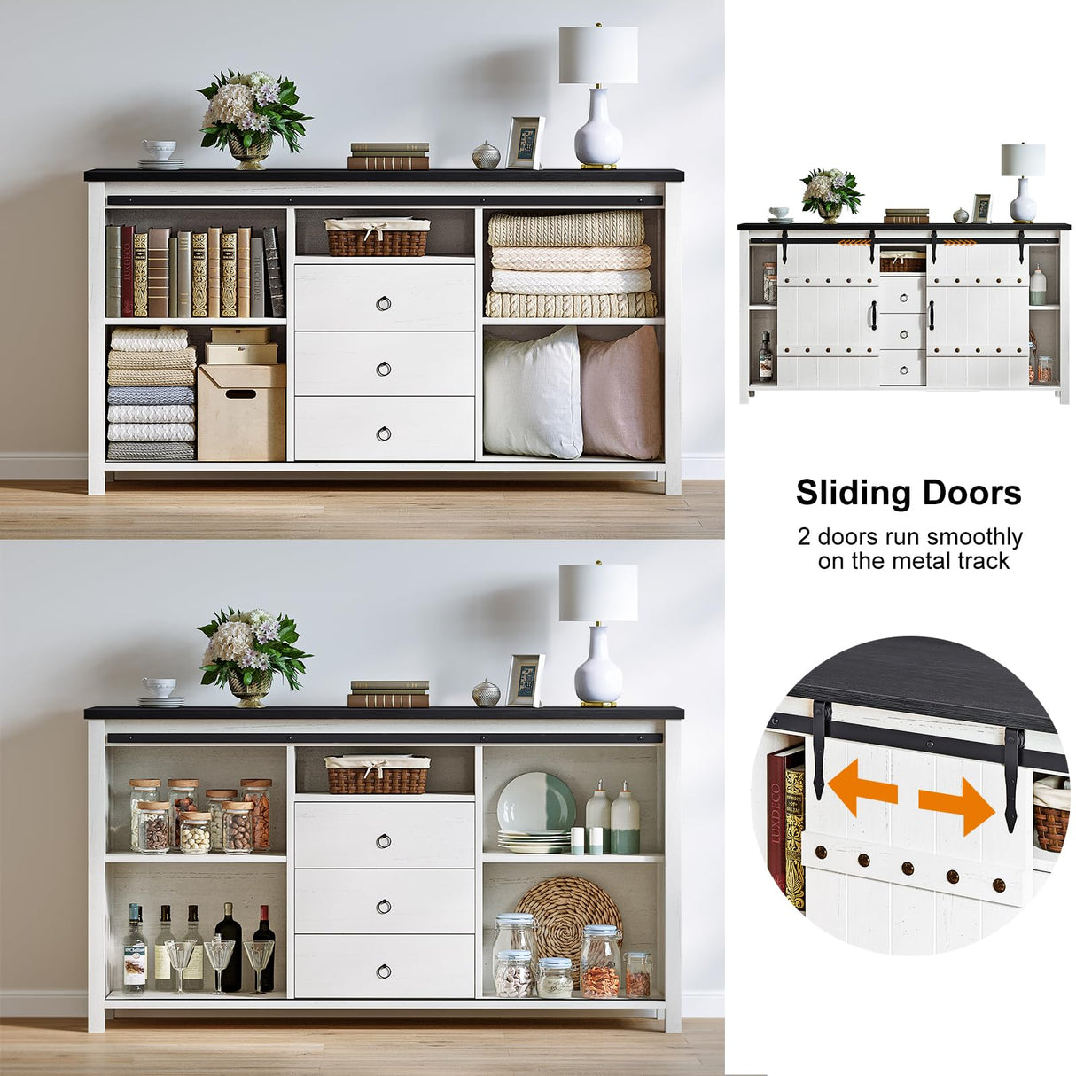 REAHOME Buffet Cabinet with Storage, 60" Sideboard Buffet Cabinet with Sliding Barn Doors & 3 Drawers, Farmhouse Wood Coffee Bar Cabinet Buffet Table for Kitchen, Dining Room,Living Room, White REAHOME