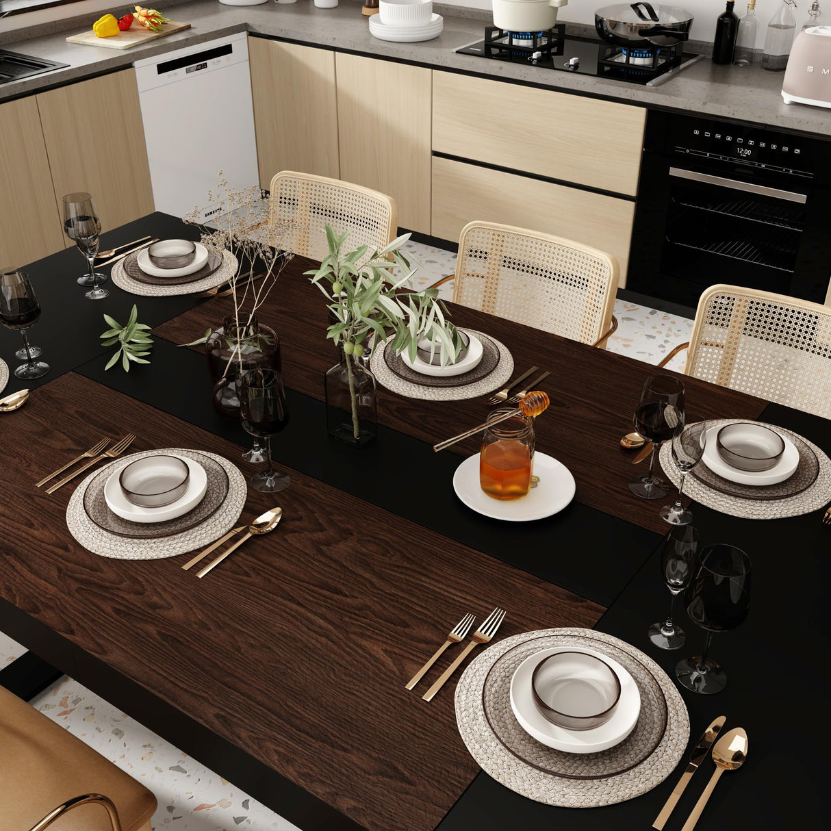 WOODTIME 86.6" W Dining Table for 8-10 People, Versatile Modern Wooden Dinner Table Kitchen Table for Dining Room Conference Room, Black & Brown WOODTIME