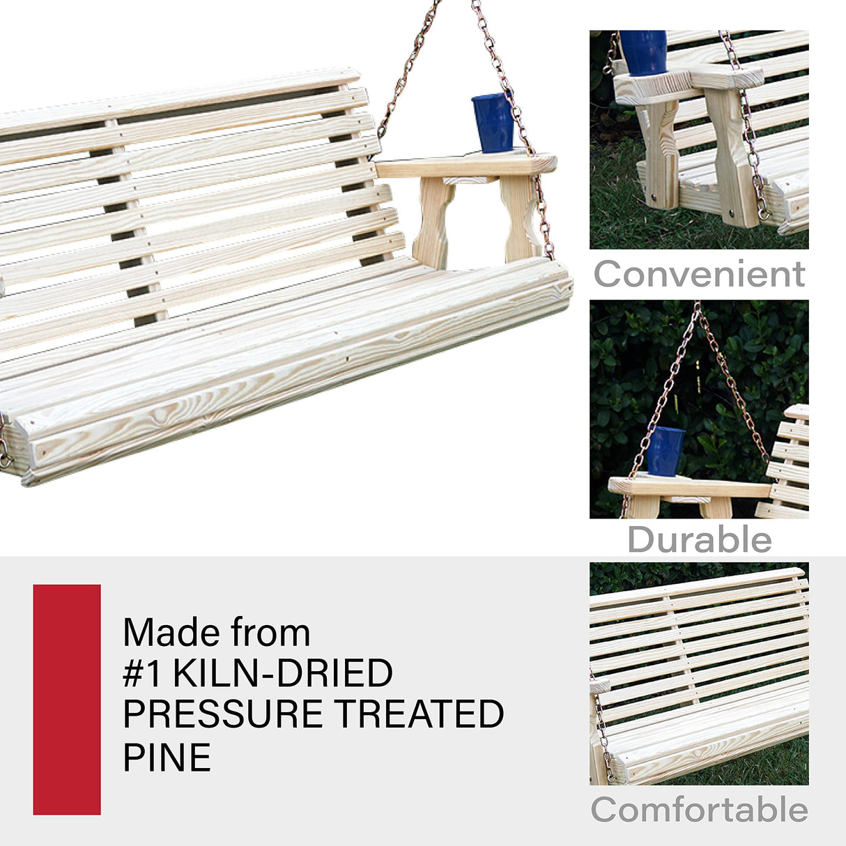 Amish Casual Heavy Duty 700 Lb Roll Back Treated Porch Swing with Hanging Chains and Cupholders (5 Foot, Unfinished) Amish Casual