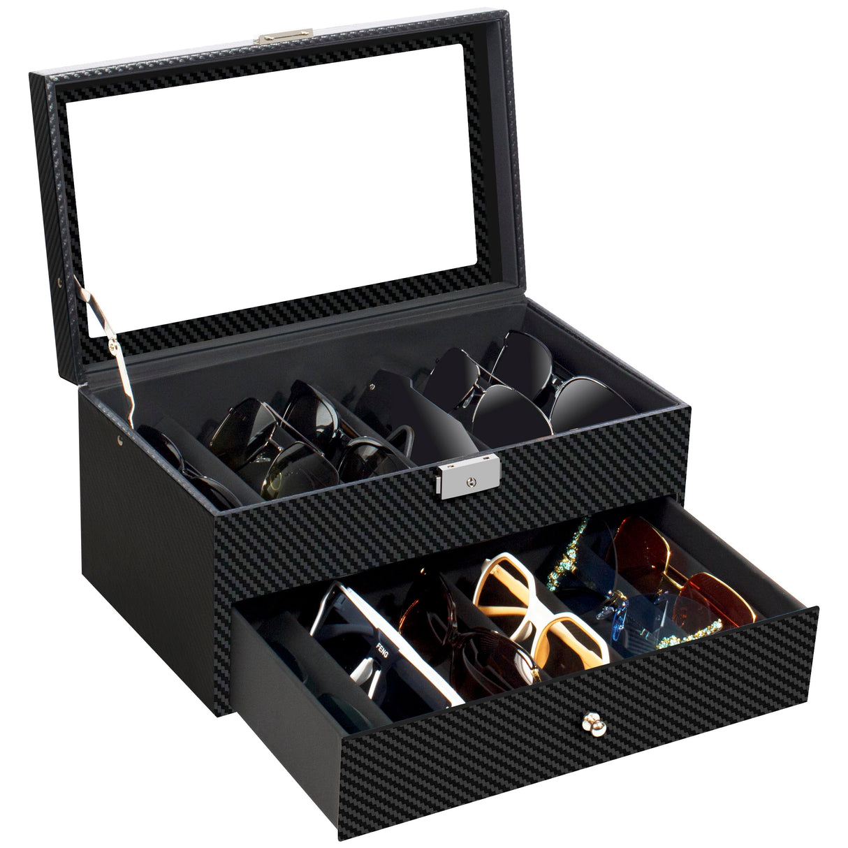 GUKA 2-layer Sunglasses Storage Organizer, 12 Slots Leather Sunglass Box Multiple Pairs Eyeglass Display Case for Women Men, Gift Idea (Black+Black) GUKA