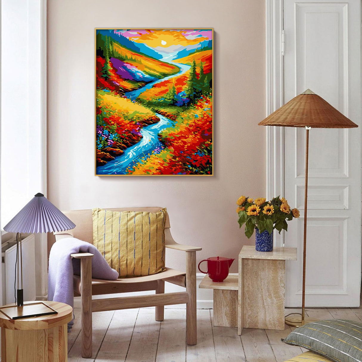 Yunnuo Landscape Paint by Numbers Kits for Adults, Easy Paint by Number Sunset and Creek, DIY Oil Painting with Brushes Acrylic Paints for Home Wall Decor 16x20 Inch Yunnuo