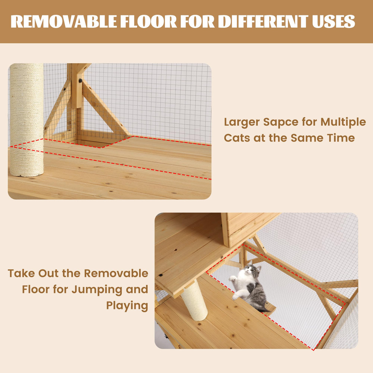 MAGIC UNION 71" Catio Outdoor Cat Enclosure Window Access, 4 Tiers Cats Playpen with Wheels, Resting Box & Waterproof Roof, Indoor Large Cat House Cage with Scratching Post Sisal Ball (Original Wood) MAGIC UNION