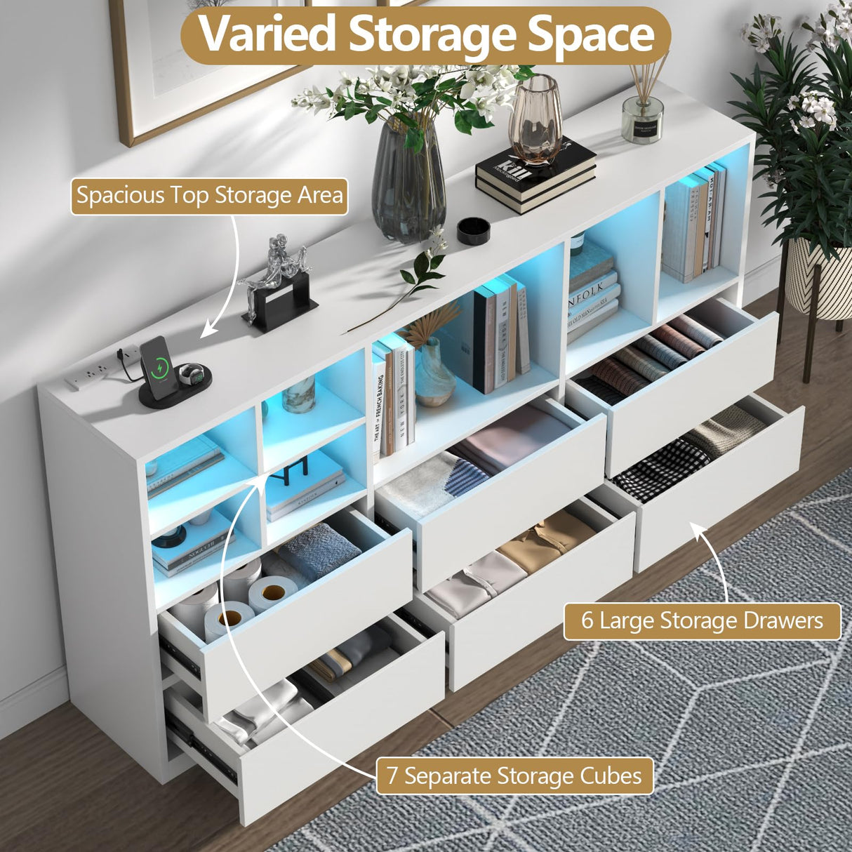 6 Drawers Dresser with 7 Storage Cubbies, LED Chest of Drawers with Power Outlet, 63" Triple Wide Long Dresser Organizer for Bedroom, Modern TV Stand with Open Shelf for Living Room, Entryway (White) Gyfimoie