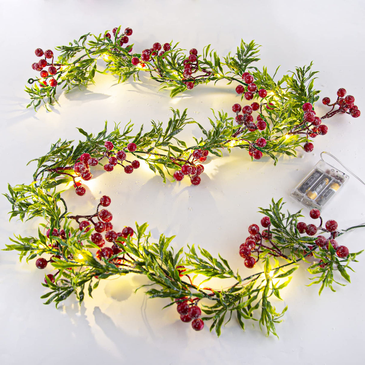 5.9FT Artificial Christmas Garland String Lights with 162 Snowy Red Berries 55 Green Leaves 20 LED Lights Battery Operated for Xmas Mantle Indoor Outdoor Holiday Christmas Thanksgiving Decoration LAWOHO