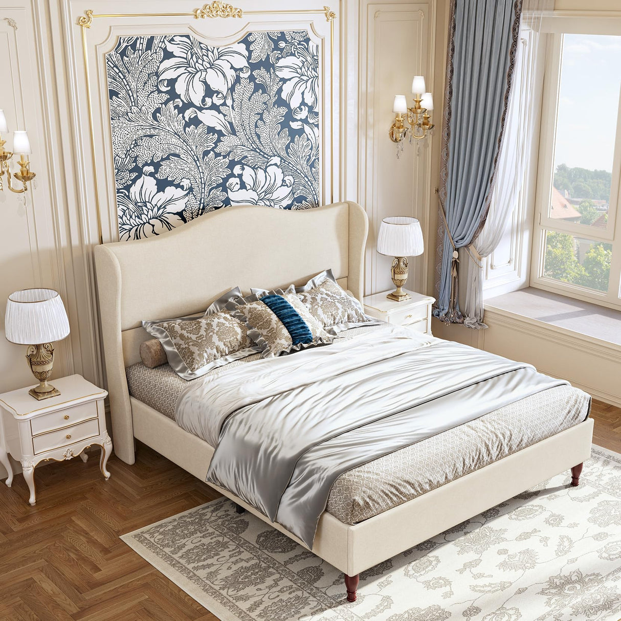 Koorlian King Size Upholstered Platform Bed with 51" Wingback Headboard - Retro Beige Design, No Box Spring Needed koorlian