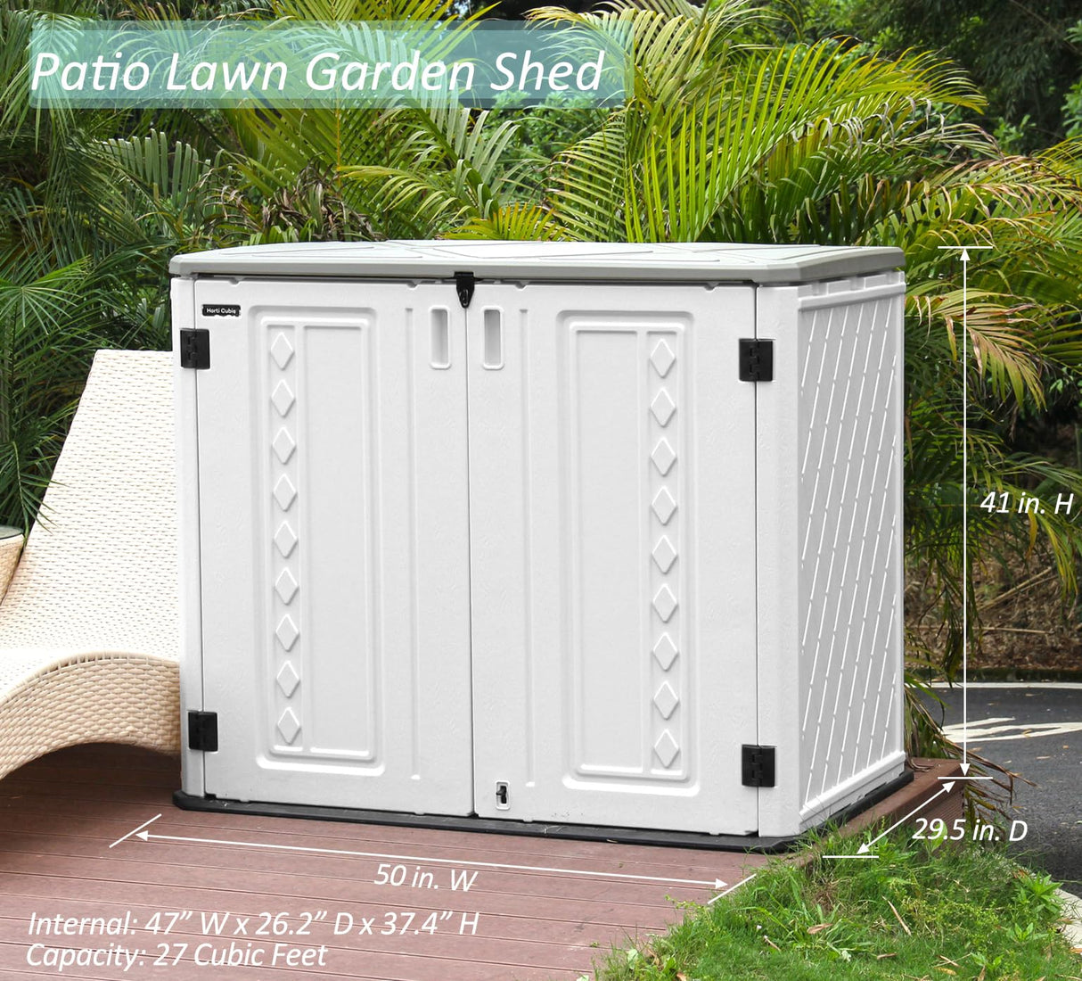 ADDOK Horizontal Storage Shed Outdoor with Floor, Plastic Outdoor Storage Box for Garden Backyard Patio Lawn, 27 Cuft Capacity All-Weather Construction for Bike Lawnmover Trash Can, Off-White ADDOK