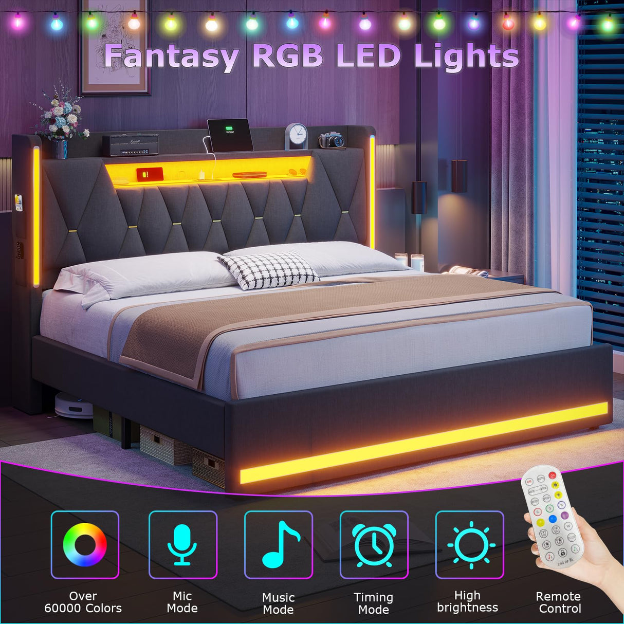 BYSAUD King Size Bed Frame with LED Lights & Charging Station, LED King Bed with Hidden Space and 2-Tier Shelves, Upholstered Metal Bed Frame with Headboard, No Box Spring Needed, Dark Gray, Linen BYSAUD