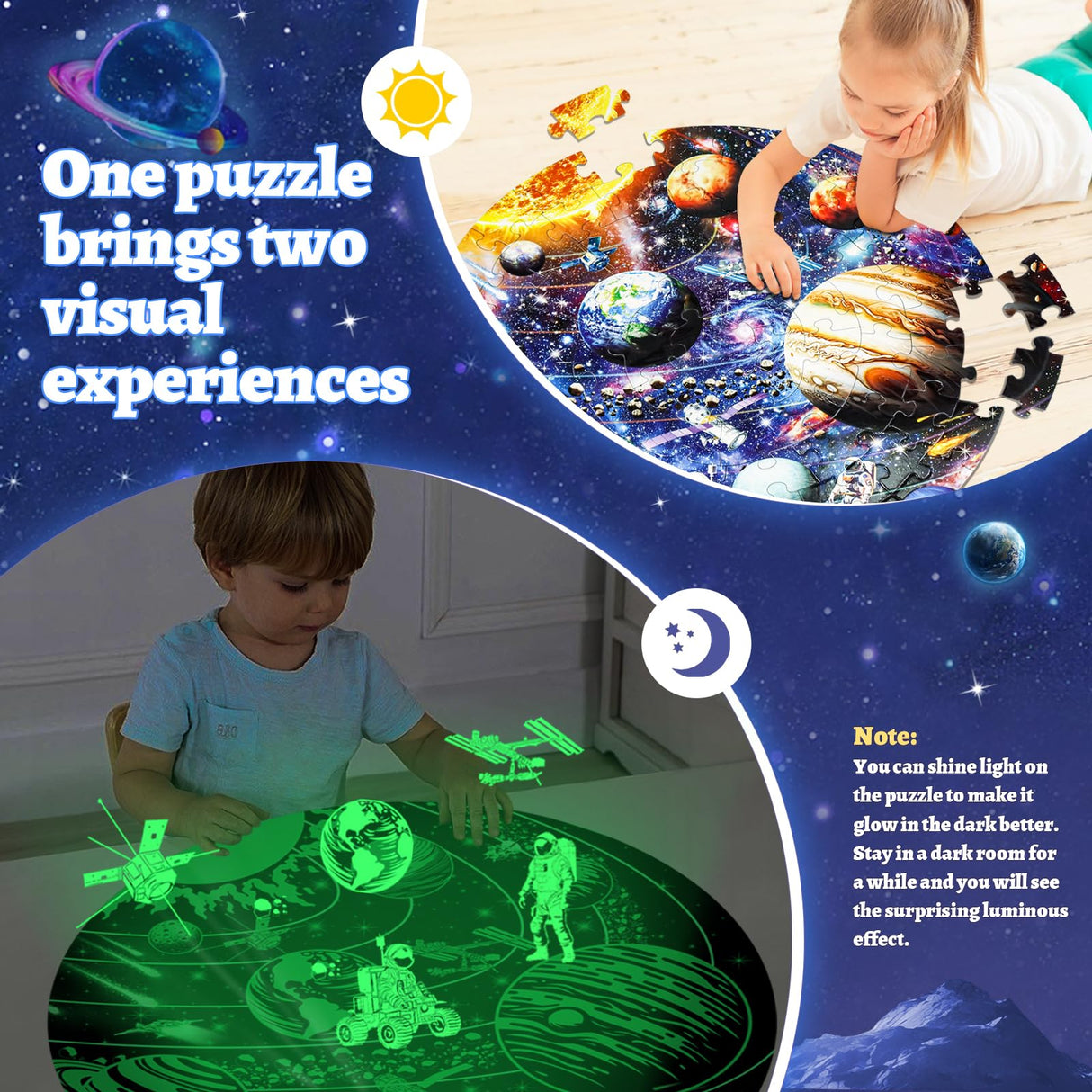 DIGOBAY Glow in The Dark Solar System Jigsaw Puzzles for Kids Ages 4-8, 70 Pieces Kids Space Planet Floor Puzzle Toys Ages 8-10, Large Round Educational Puzzle Toys Gifts for Boys Girls Children DIGOBAY