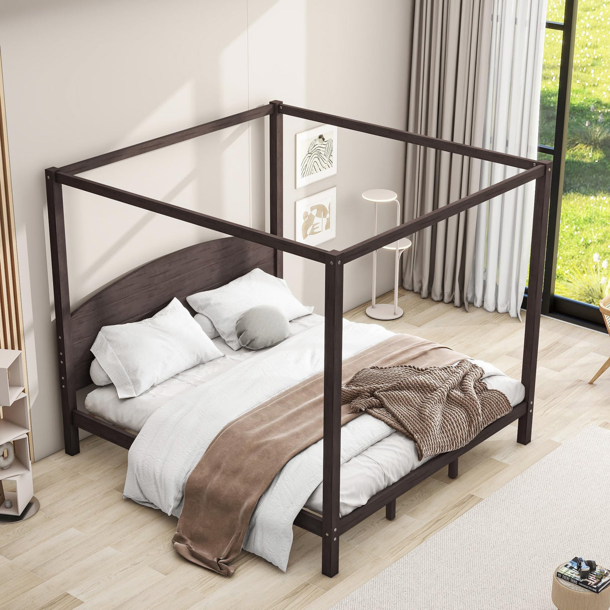 MaiDeHaoo King Size Canopy Bed Frame with Headboard, Wood King Canopy Platform Bed Frame with Headboard and Support Legs, 4 Post Canopy Bed with Under Bed Storage, Brown MaiDeHaoo