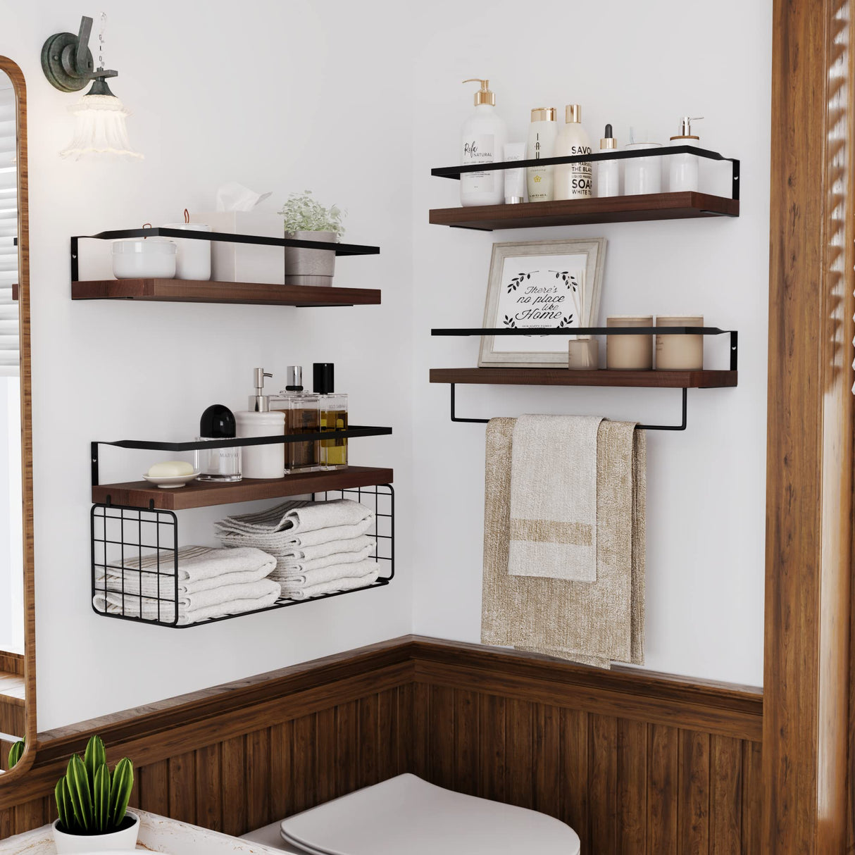 LUDORU Wood Floating Shelves Wall Mounted - 4+1 Tier Rustic Bathroom Wall Shelves Over Toilet with Wire Storage Basket and Towel Bar, Set of 4 Farmhouse Floating Shelf for Bathroom, Kitchen, Bedroom. LUDORU