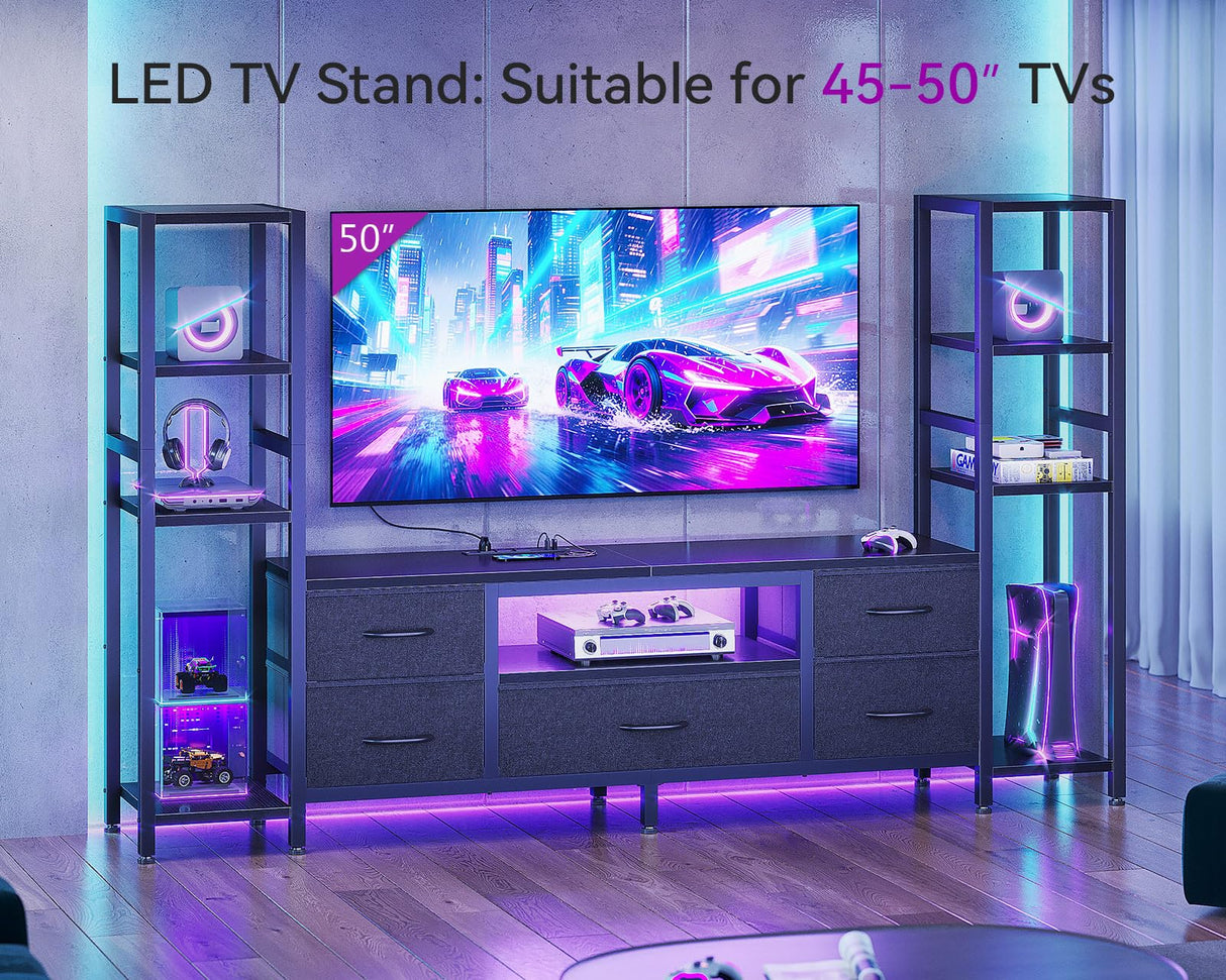 Casaottima 71" TV Stands for 43, 50, 55 Inch TV Entertainment Center with LED Lights and Power Outlets, TV Stand for Living Room with 5 Fabric Drawers & Shelf, TV Console Cabinet for Bedroom, Black Casaottima