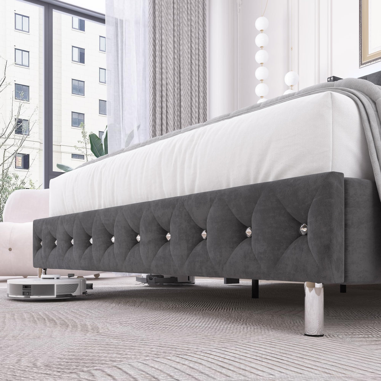 Hlivelood Queen LED Upholstered Bed Frame with Wingback Headboard, Velvet Diamond Button Tufted Bed Frame w/USB&Type-C Ports, Pocket and LED Lights, Wood Slats Support, No Box Spring Needed, Dark Grey Hlivelood