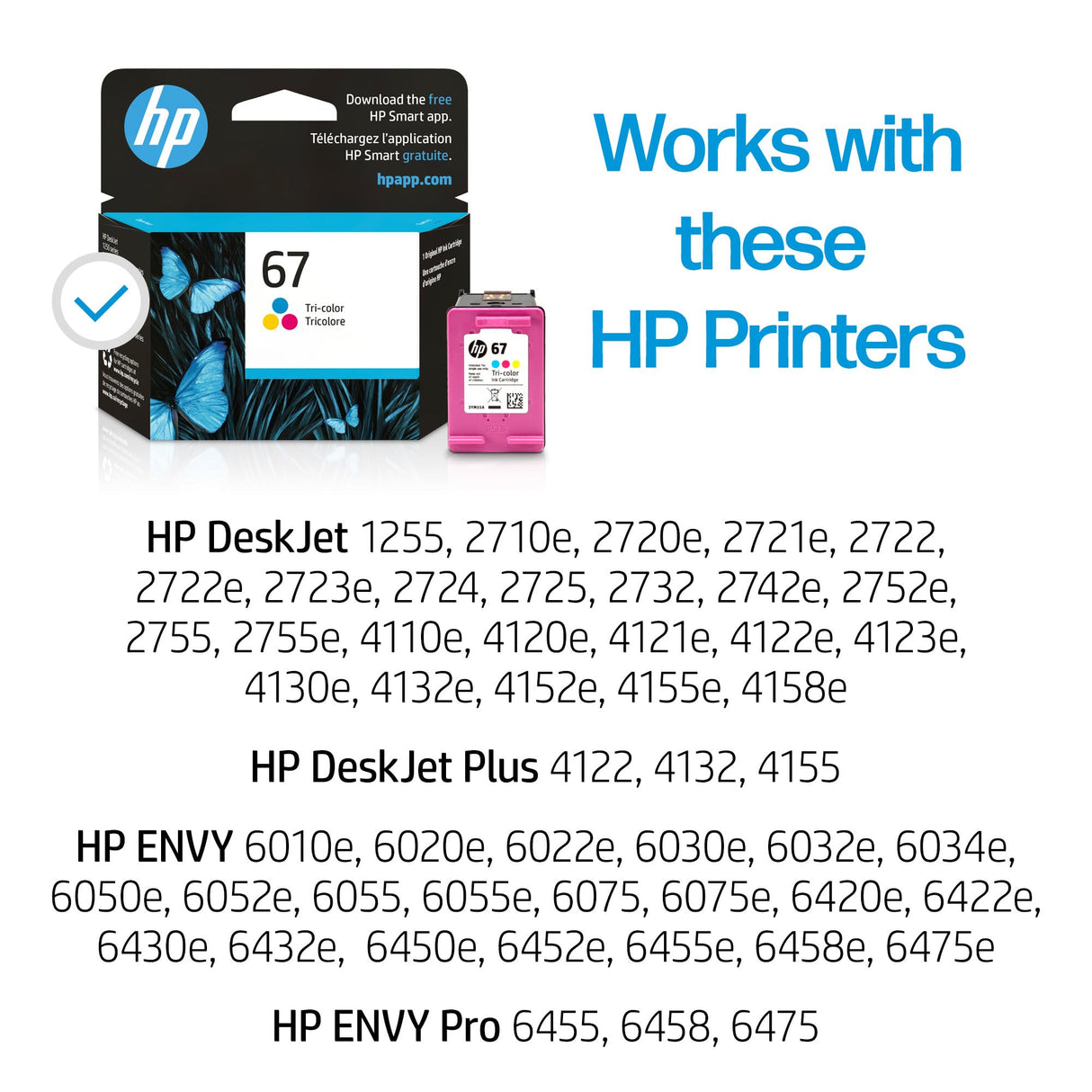 HP 67 Tri-color Ink Cartridge | Works with HP DeskJet 1255, 2700, 4100 Series, HP ENVY 6000, 6400 Series | Eligible for Instant Ink | 3YM55AN HP