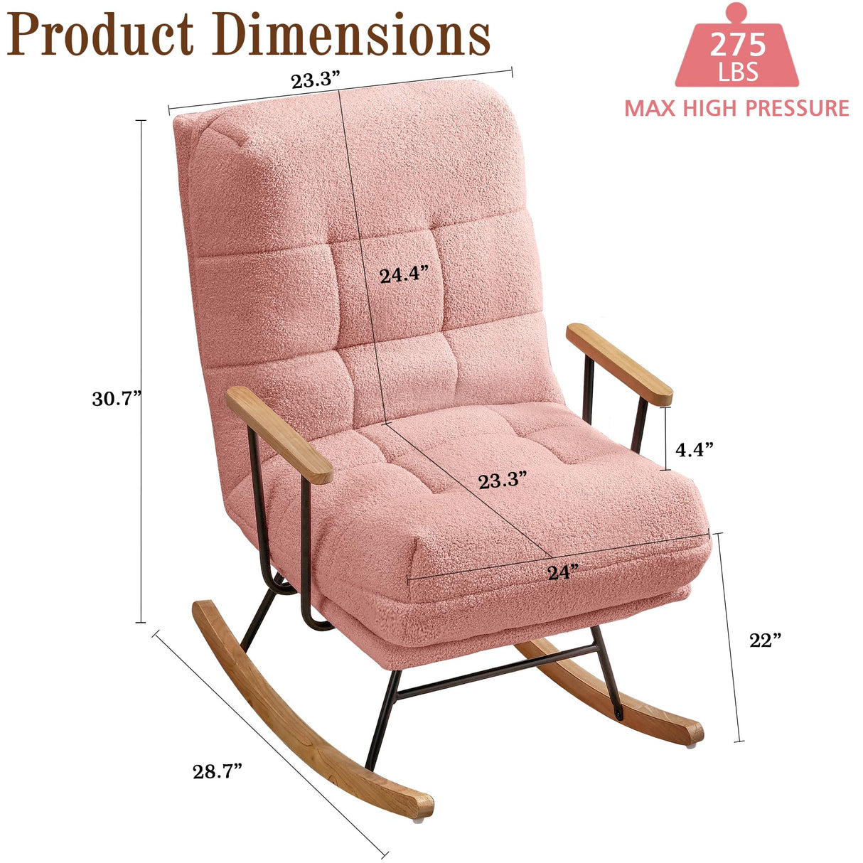 VECELO Wide Rocking Chair Nursery, Oversized Upholstered Teddy Fabric Modern Glider Rocker with High Backrest for Living Room & Bedroom, Large Size, Pink VECELO