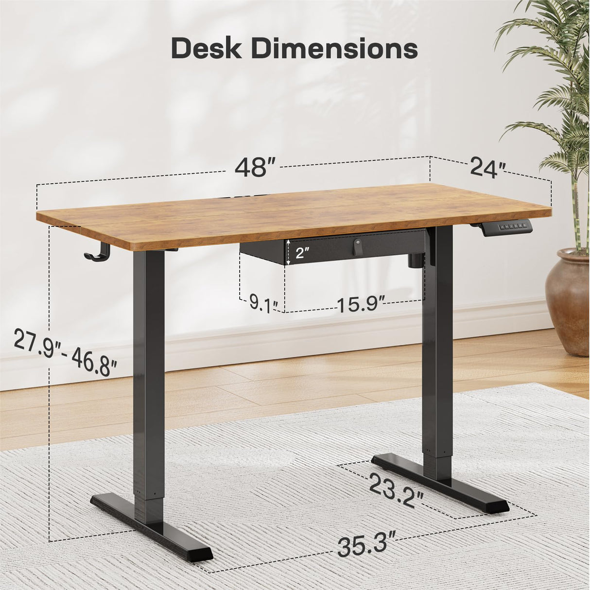 Marsail Electric Standing Desk with Drawer, 48 x 24 Electric Stand Up Desk, Ergonomic Adjustable Desk with Storage, Headphone/Bag Hooks, Computer Desk for Home & Office with Cable Management,Brown Marsail