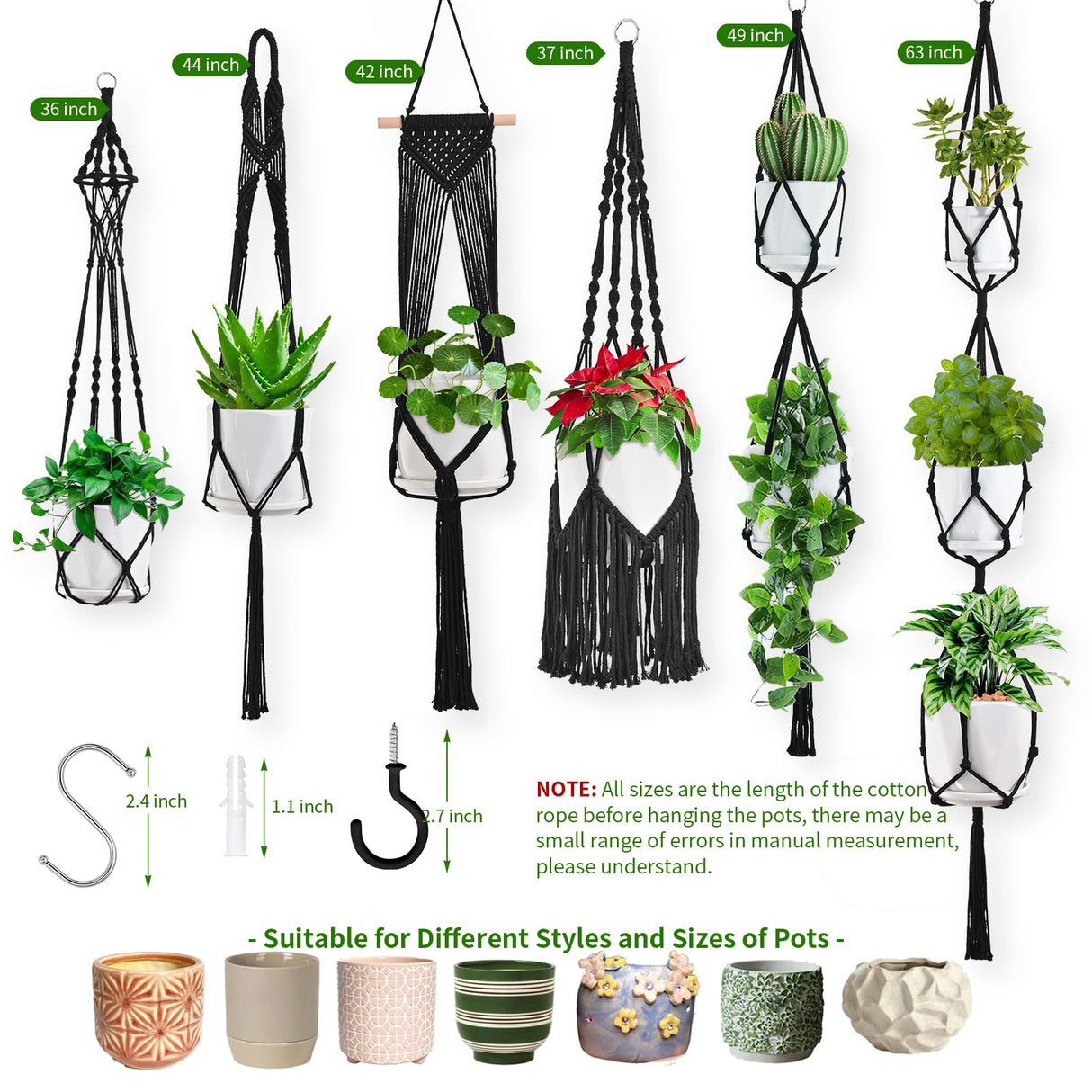 Macrame Plant Hangers, 6Pack Hanging Plant Holders Indoor w/ 6 Set Hooks Handmade Cotton Rope Plant Hangers Set Flower Pots Holder Stand Boho Home Decor Hanging Planters for Indoor Outdoor Plants TAOZIM