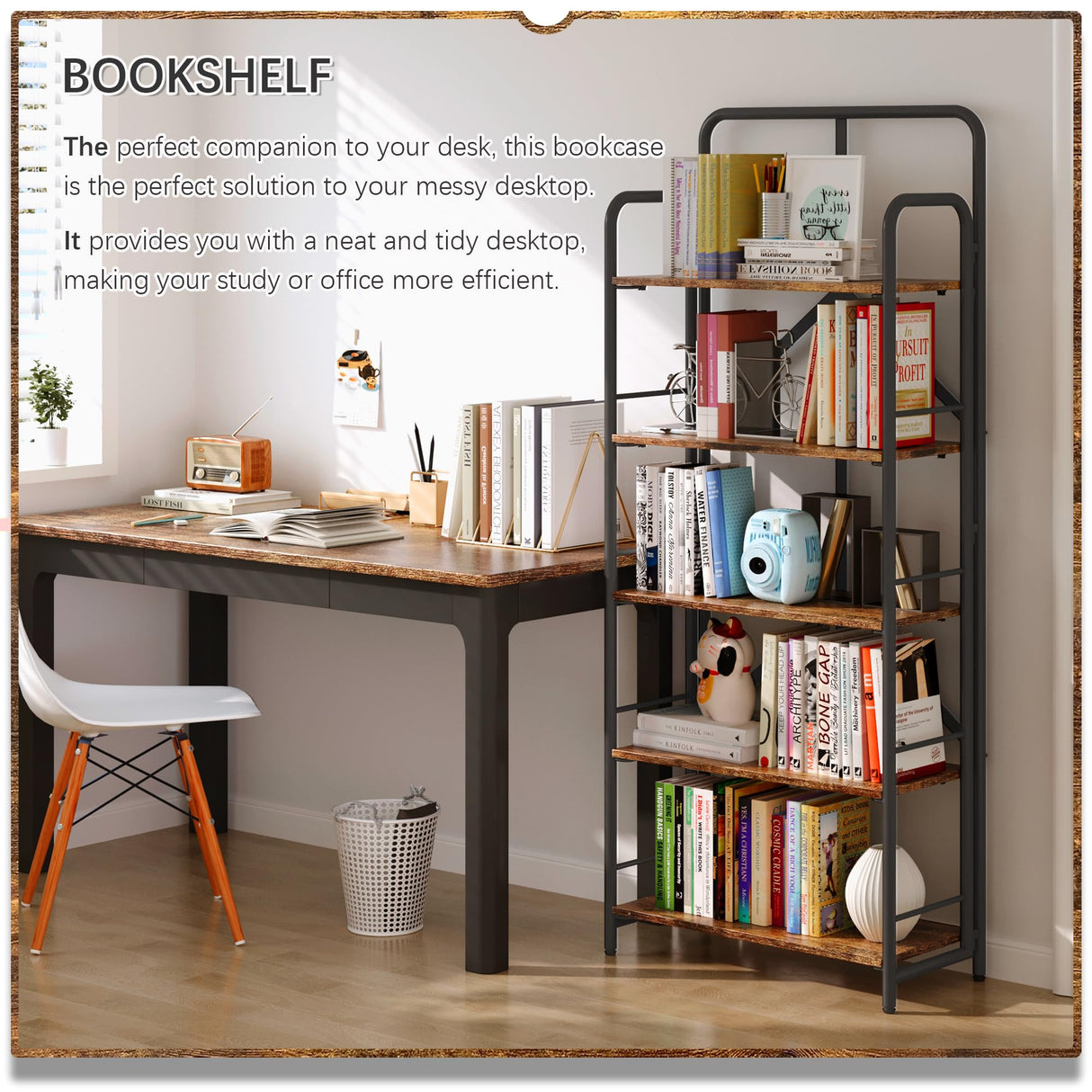 4NM No Assembly Folding Bookshelf, 5 Tier Vintage Industrial Book Shelf,Metal Foldable Storage Bookcase and Bookshelves for Living Room,Bedroom and Kitchen - Rustic Brown 4NM