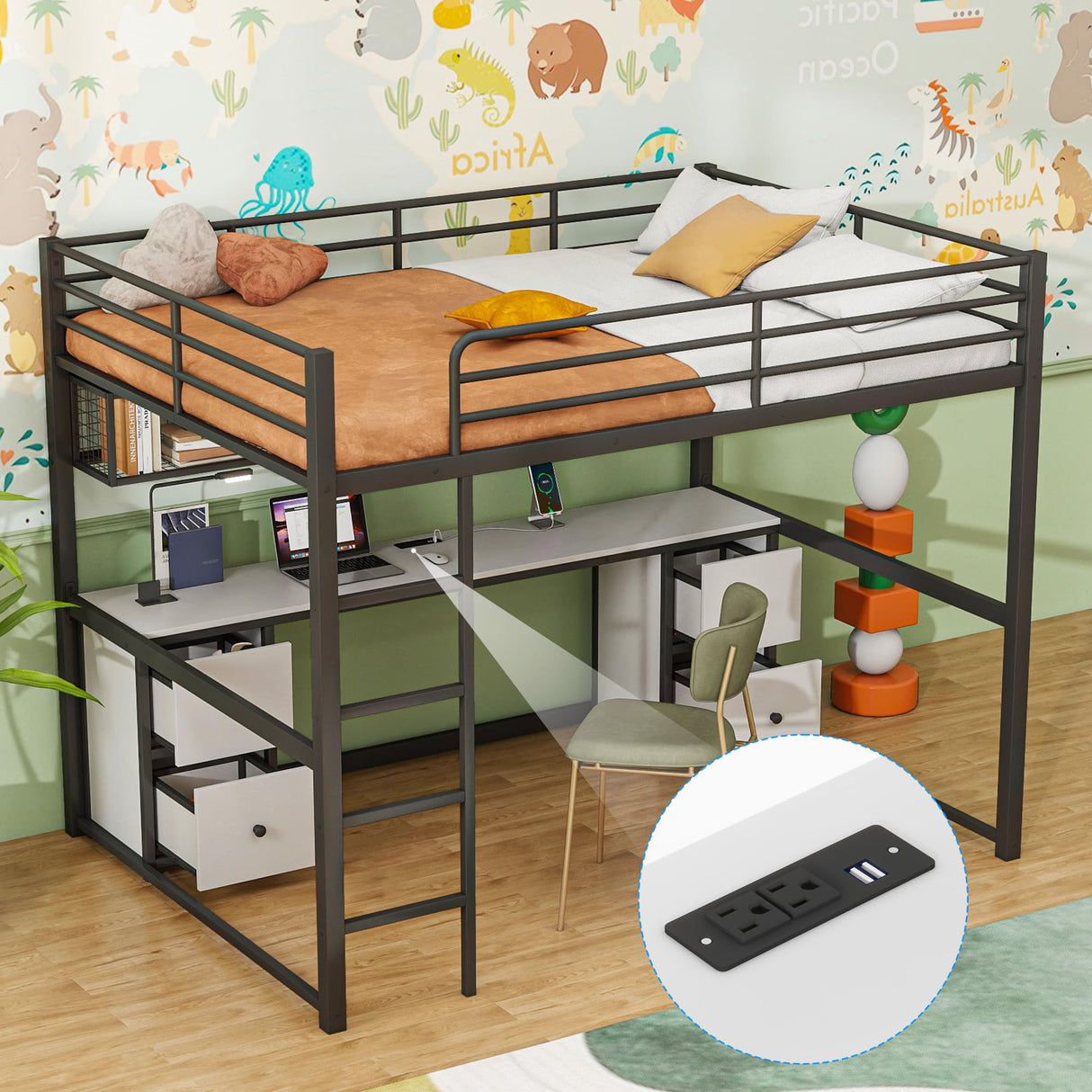 Ziraukon Full Size Loft Bed with Desk, Metal Loft Bed with 4 Drawers and Bedside Tray, Full Loft Bed Frame with Charging Station, USB and Socket, Black Ziraukon