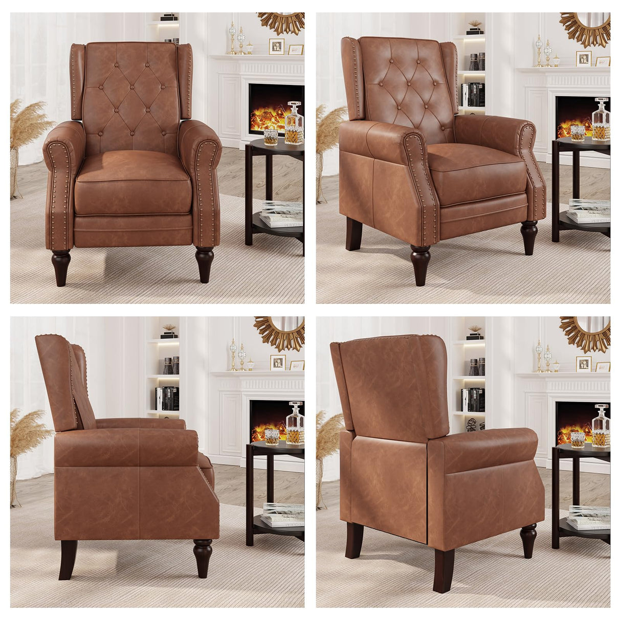 Small Recliner Chair, Single Sofa Recliner Chair with Wingback, Leather Accent Chair with Rivet Decoration for Living Room Bedroom Club Cafe, Matt Brown FiveWillowise
