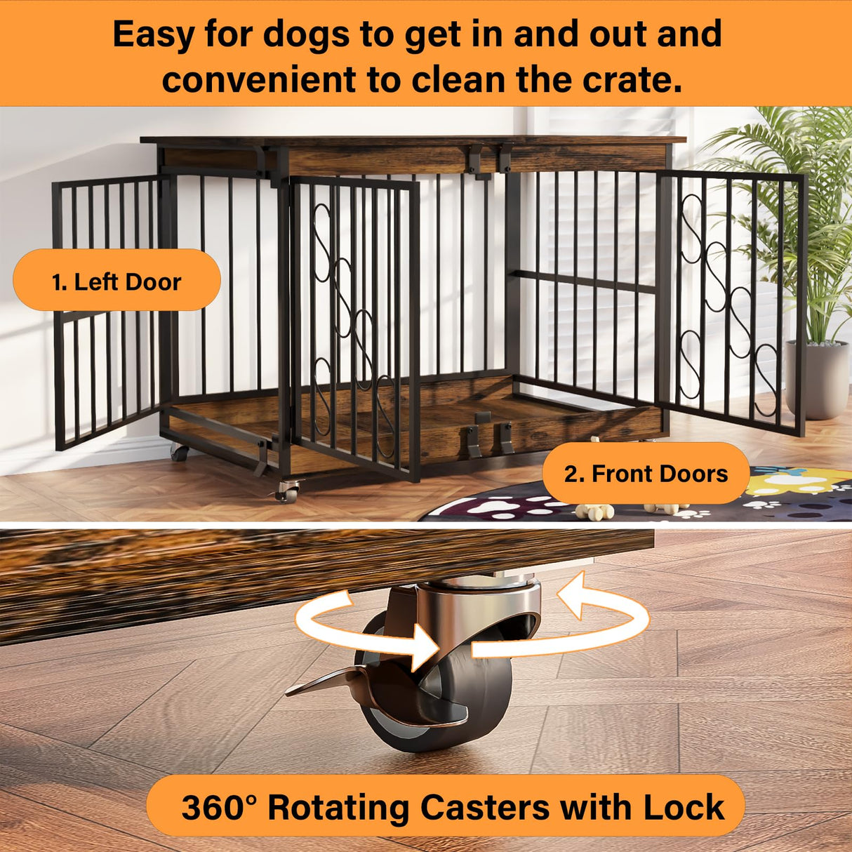 COZPAW Dog Crate Furniture, 48 Inch Dog Crates for Medium/Large Breed, Farmhouse Wood Metal Kennel Indoor Heavy Duty Pet Cage with Caster Wheels (Brown) COZPAW