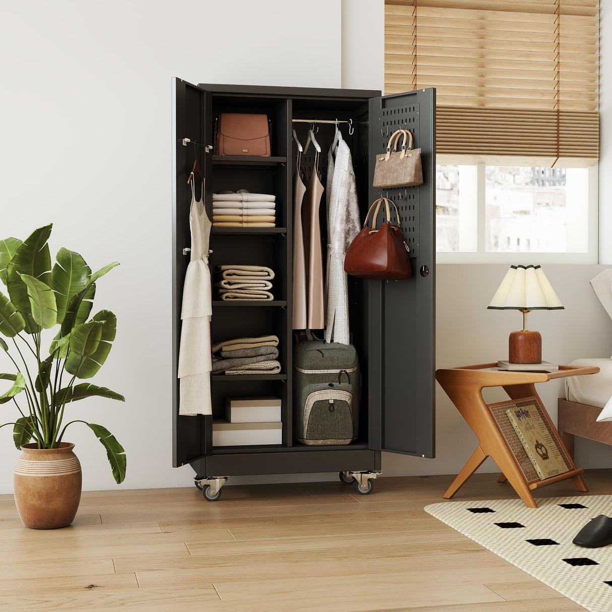 GangMei Garage Storage Cabinet with Wheels and 5 Pegboard, Broom Closet Storage Cabinet with Hanging Rod and 13 Hooks, Metal Cabinets with Locking Doors and 4 Shelves, 61.7"H x 27.6"W x 13.8"D,Black GangMei