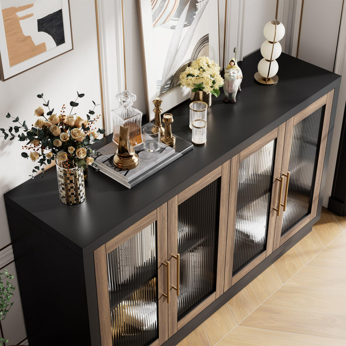 FOTOSOK Buffet Cabinet with Storage, 55.1" Large Sideboard Buffet Cabinet, Modern Sideboard Kitchen Cabinet with 4 Fluted Glass Doors, Wood Coffee Bar Cabinet Buffet Table for Kitchen, Black/Brown FOTOSOK