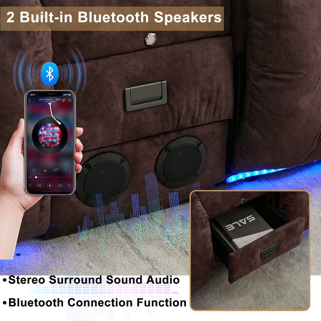 URRED Power Loveseat Recliner Sofa, Velvet Fabric Home Theater Seating with LED Ambient Light, Double Recliner RV Sofa with Flipped Middle Backrest/Bluetooth Speakers/USB/Built-in Outlets, Brown URRED