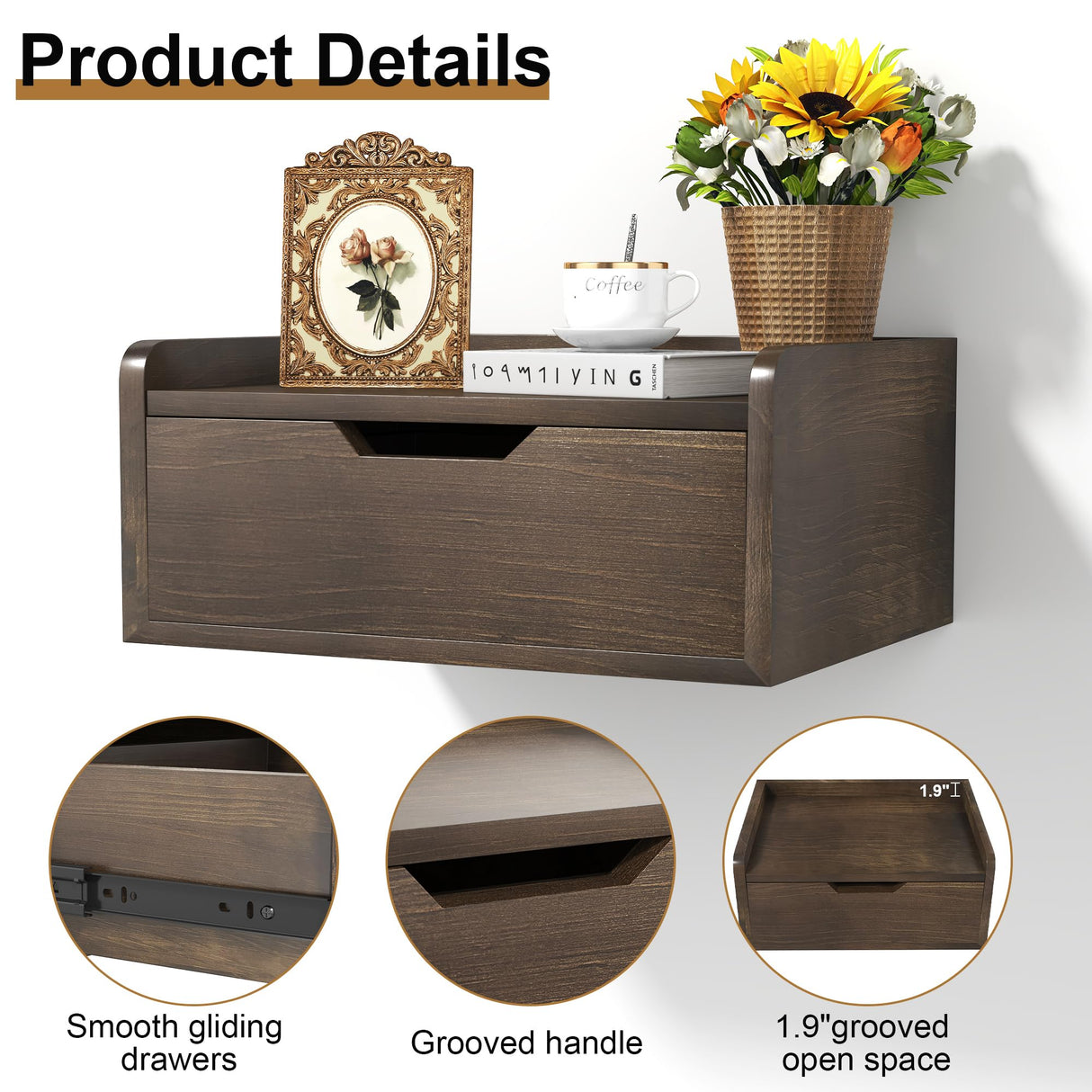 Floating Nightstand, Bedside Shelf Wall Mounted, Small Modern Floating Shelf Nightstand with Drawer, Floating Bedside Table Wall Shelf for Bedroom, Bathroom (Pine Wood) MVPSONAG