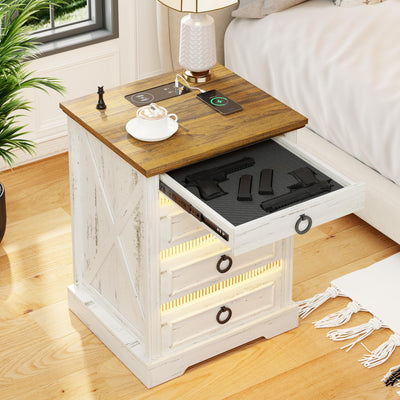FREDEES Farmhouse Night Stand with Charging Station, Bedside Table with LED Light & Gun Drawer, Nightstands for Bedroom Living Room, End Table Antique White