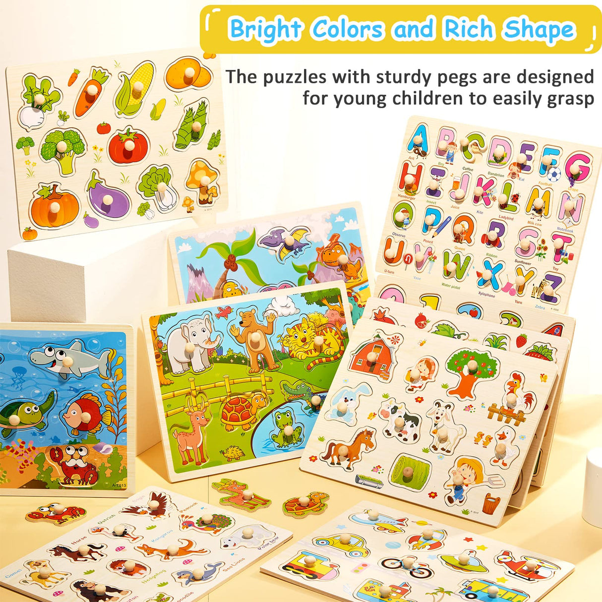 10 Pack Wooden Peg Puzzles for Toddlers Toddler Puzzle Jigsaw Learning Puzzles for Kids Wood Knob Puzzle with Alphabet Number Animal Vehicle Shape Chivao
