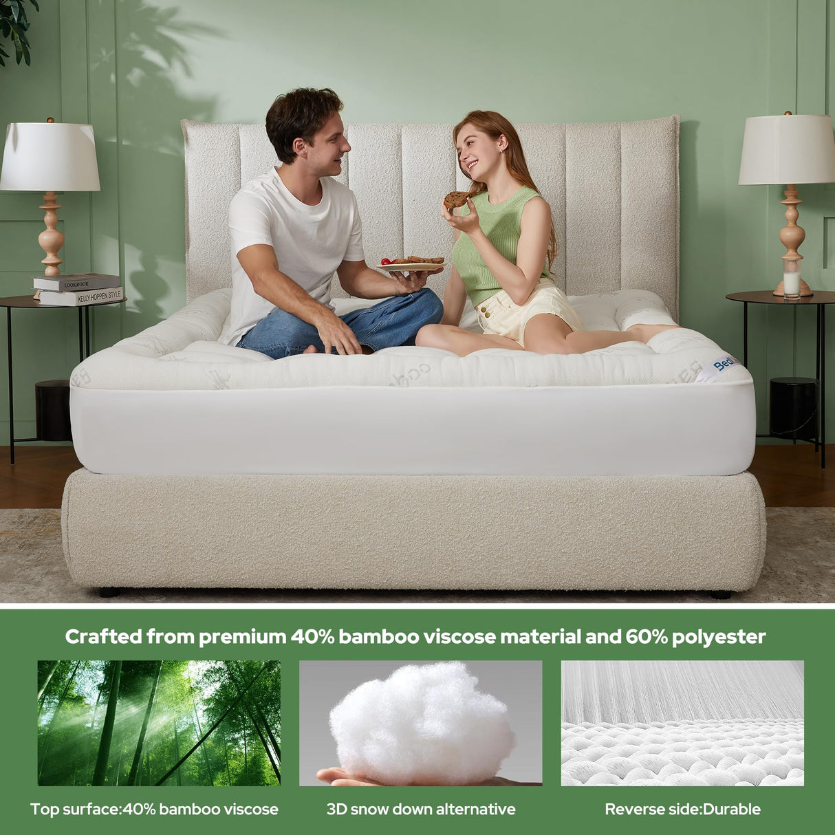 BEDLORE King Mattress Topper Viscose Derived from Bamboo, Thick Pillow Top Mattress Pad with Stretchable Pockets for 6-18 inches Mattress, Soft Breathable Mattress Topper for Back Pain Relief BEDLORE