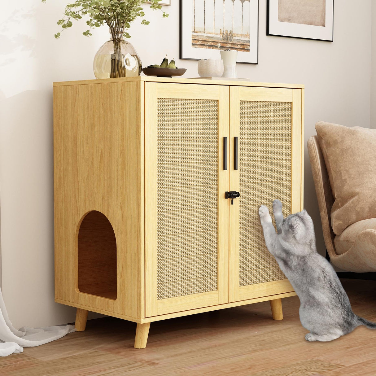 DAWNSPACES Large Cat litter Box Enclosure, 2 In 1 Hidden Cat Washroom Furniture with Sisal Covered Doors, 2 Layers Wooden Cat Cabinet with Adjustable Shelf, Side Table TV Stand for Living Room,Natural DAWNSPACES