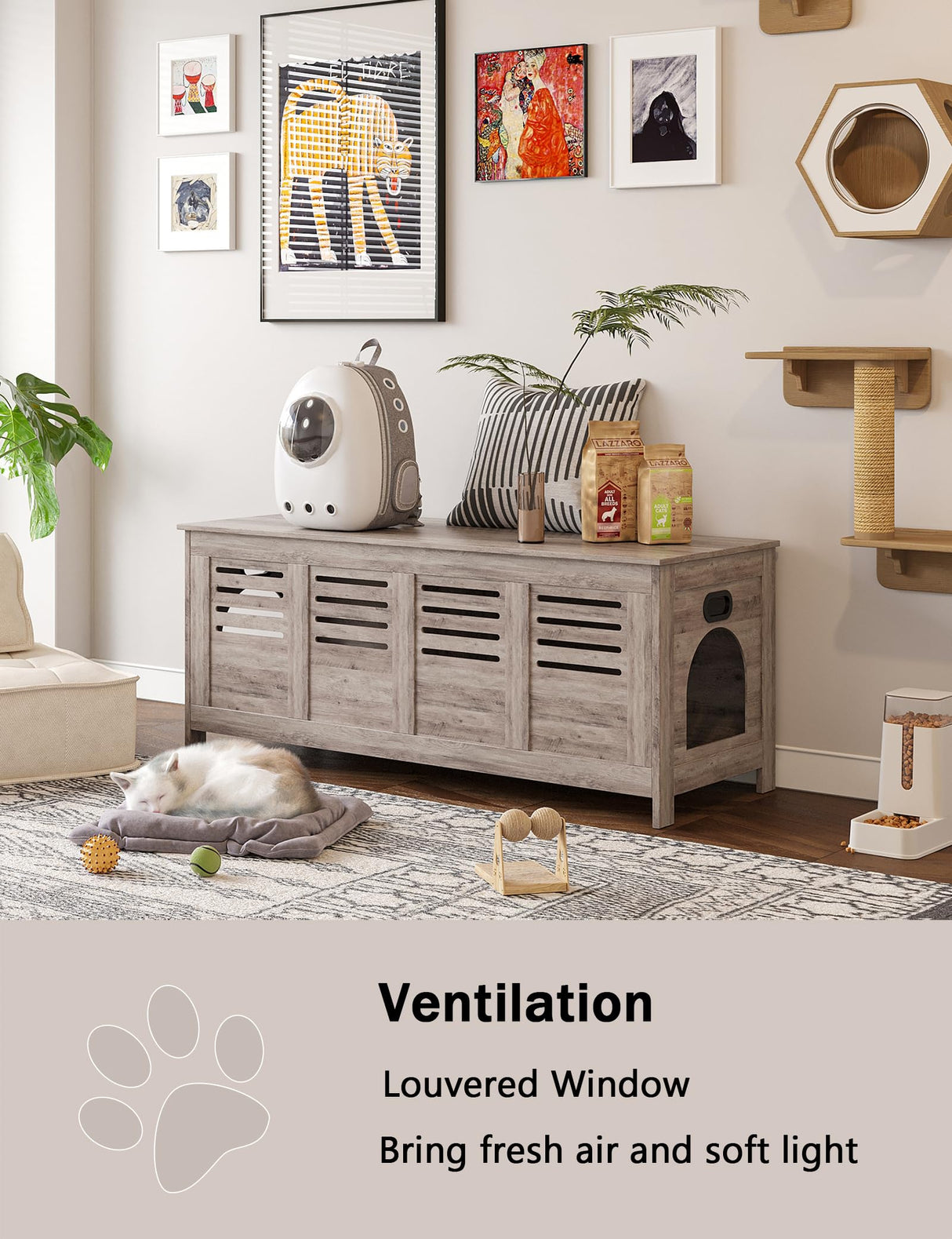 DINZI LVJ Litter Box Enclosure Furniture for 2 Cats, Top Opening Hidden Litter Box with Double Rooms, Dual Cat House with Good Ventilation, 47.2" Wooden Cat Washroom, Box Cabinet, Greige DINZI LVJ