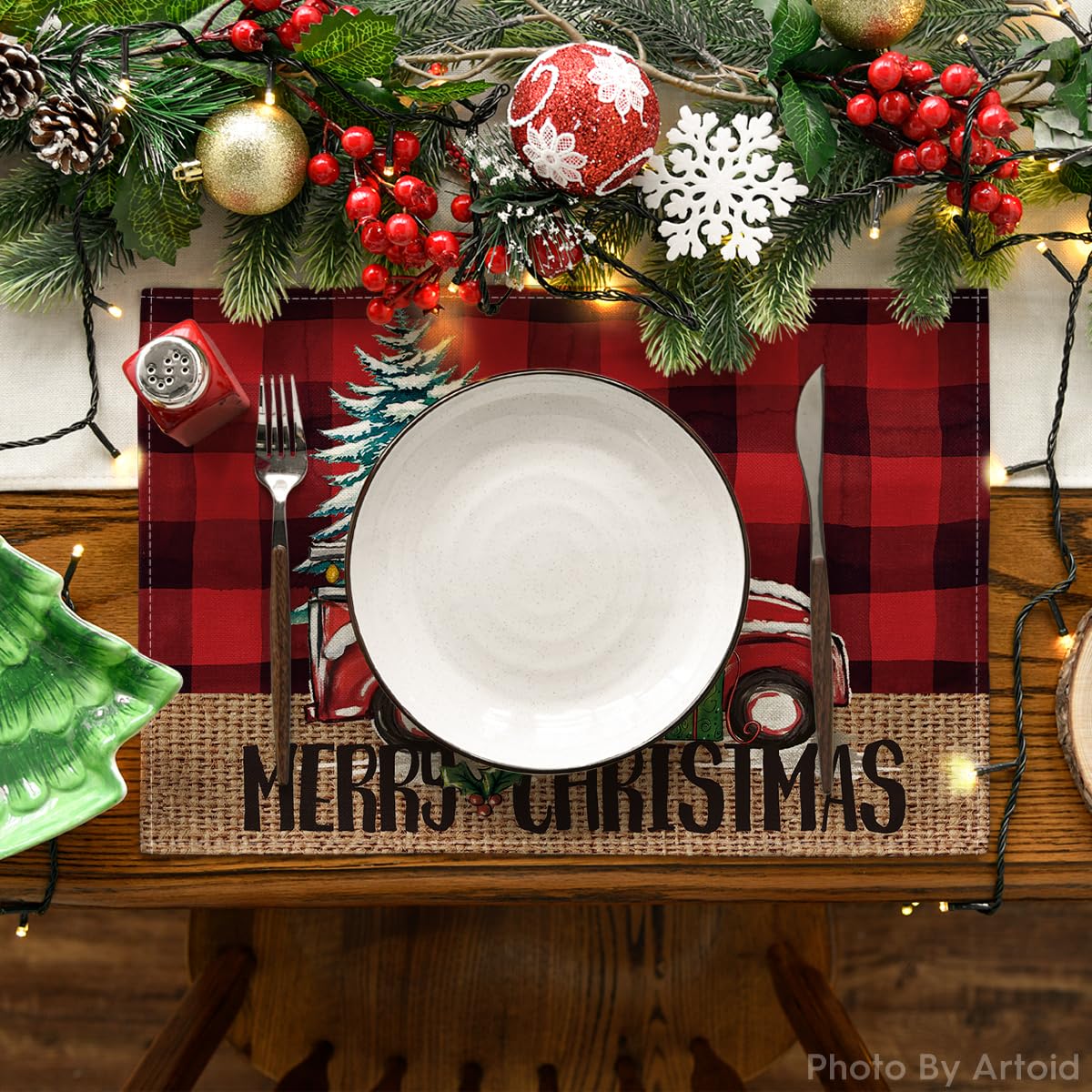 Artoid Mode Red and Black Buffalo Plaid Truck Merry Christmas Placemats Set of 4, 12x18 Inch Xmas Tree Winter Table Mats for Party Kitchen Dining Decoration Artoid Mode