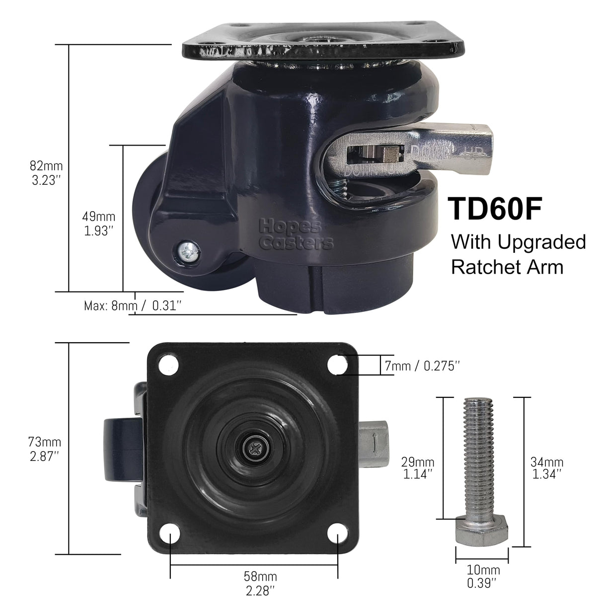 Leveling Casters with Ratchet Handle, Swivel Retractable Plate Caster Wheels for Workbench, Heavy Duty Industrial Casters with Nylon Wheels & Leveling Feet for Machine (Black, TD60F-2200lbs) HOPES