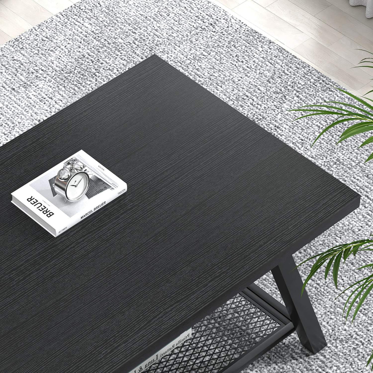 FOLUBAN Black Coffee Table, Modern Rustic Wood and Metal Living Room Table with Storage Shelf, Industrial Rectangle Cocktail Tea Table, 47 Inch