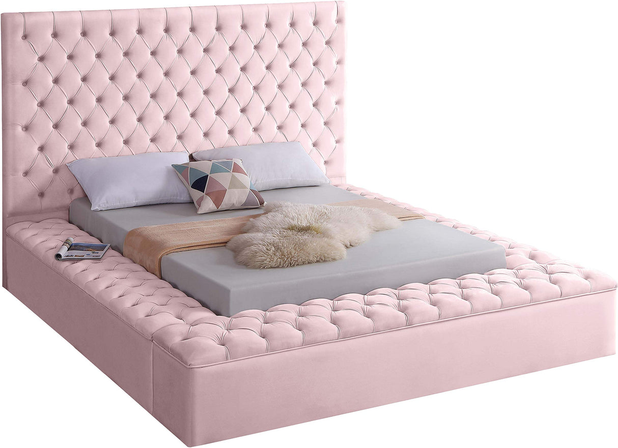 Meridian Furniture Bliss Collection Modern | Contemporary Velvet Upholstered Bed with Deep Button Tufting and Storage Compartments in Rails and Footboard, Pink, King Meridian Furniture