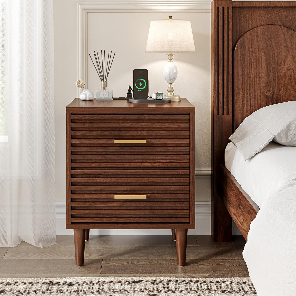 Alohappy Night Stands with Charging Station Set of 2, Mid Century Modern Nightstands, Wooden Bedside Table for Bedroom, End Table with Storage Drawers, Bed Side Table with USB Outlets, Brown 2pcs Alohappy