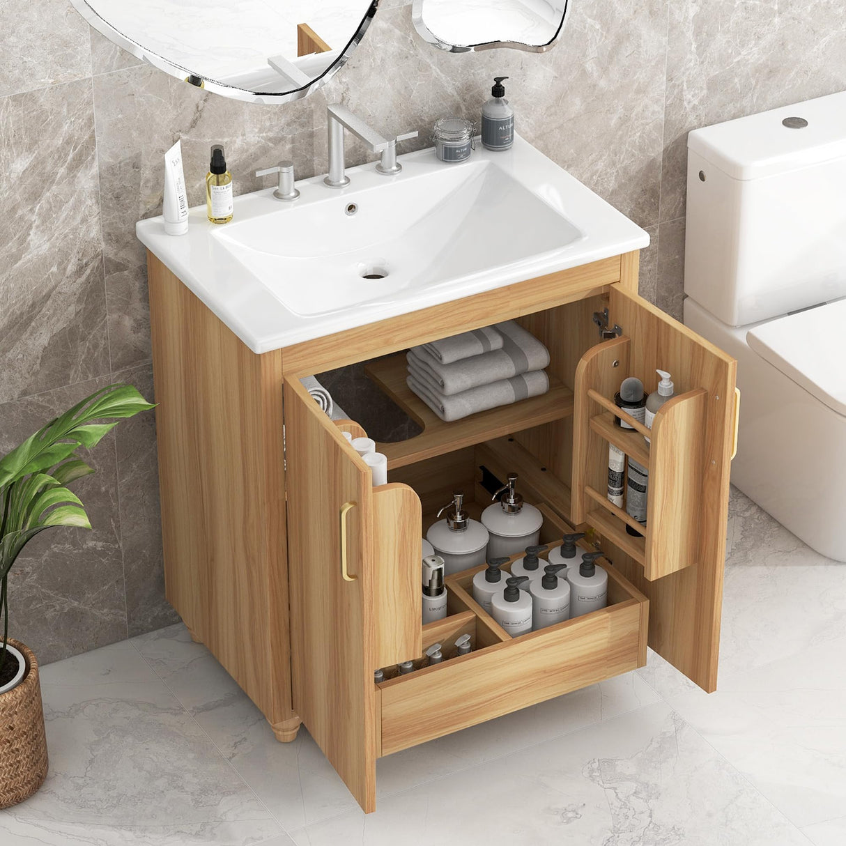 LUMISOL 30" Bathroom Vanity with Sink Combo, Wood Bathroom Storage Cabinet with 1 Drawer and 2 Doors, Multifunctional Racks, Solid Wood Bathroom Vanity with Ceramic Sink, Natural LUMISOL
