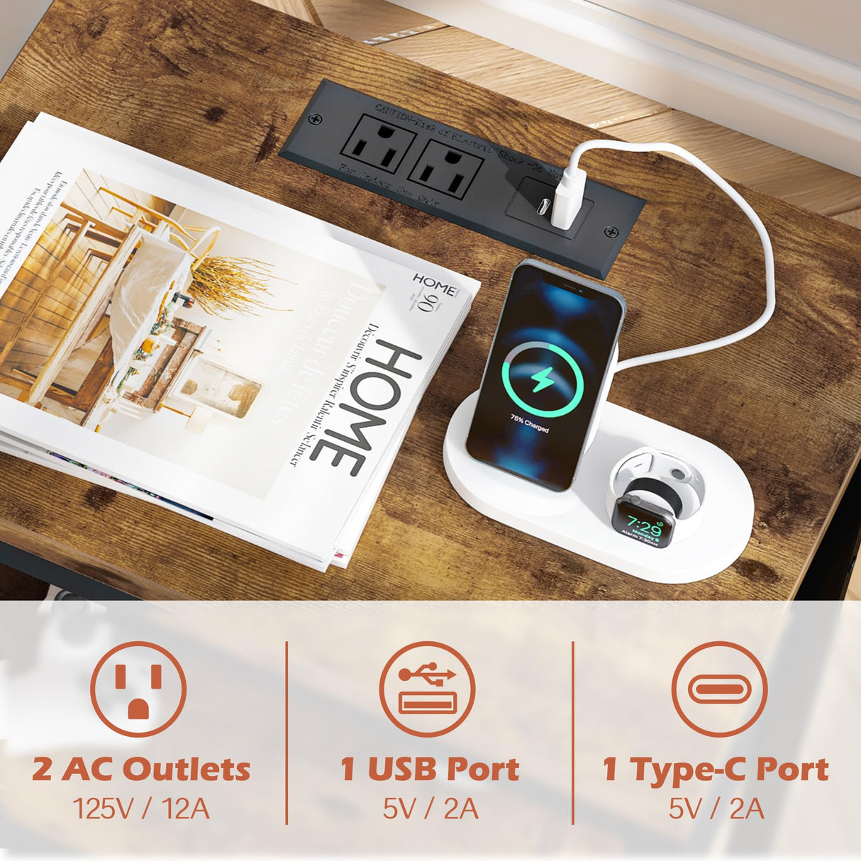 SUPERJARE Nightstand with Charging Station, Bed Side Table with Adjustable Fabric Drawer, Night Stand for Bedroom, 3-Tier Storage End Table, for Living Room, Rustic Brown SUPERJARE