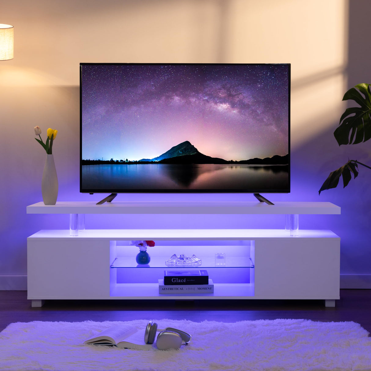 Cubehom LED TV Stand White TV Stands for Living Room Modern TV Stand with Storage for 65/70/75 inche TVs Entertainment Center for Living Room Cubehom