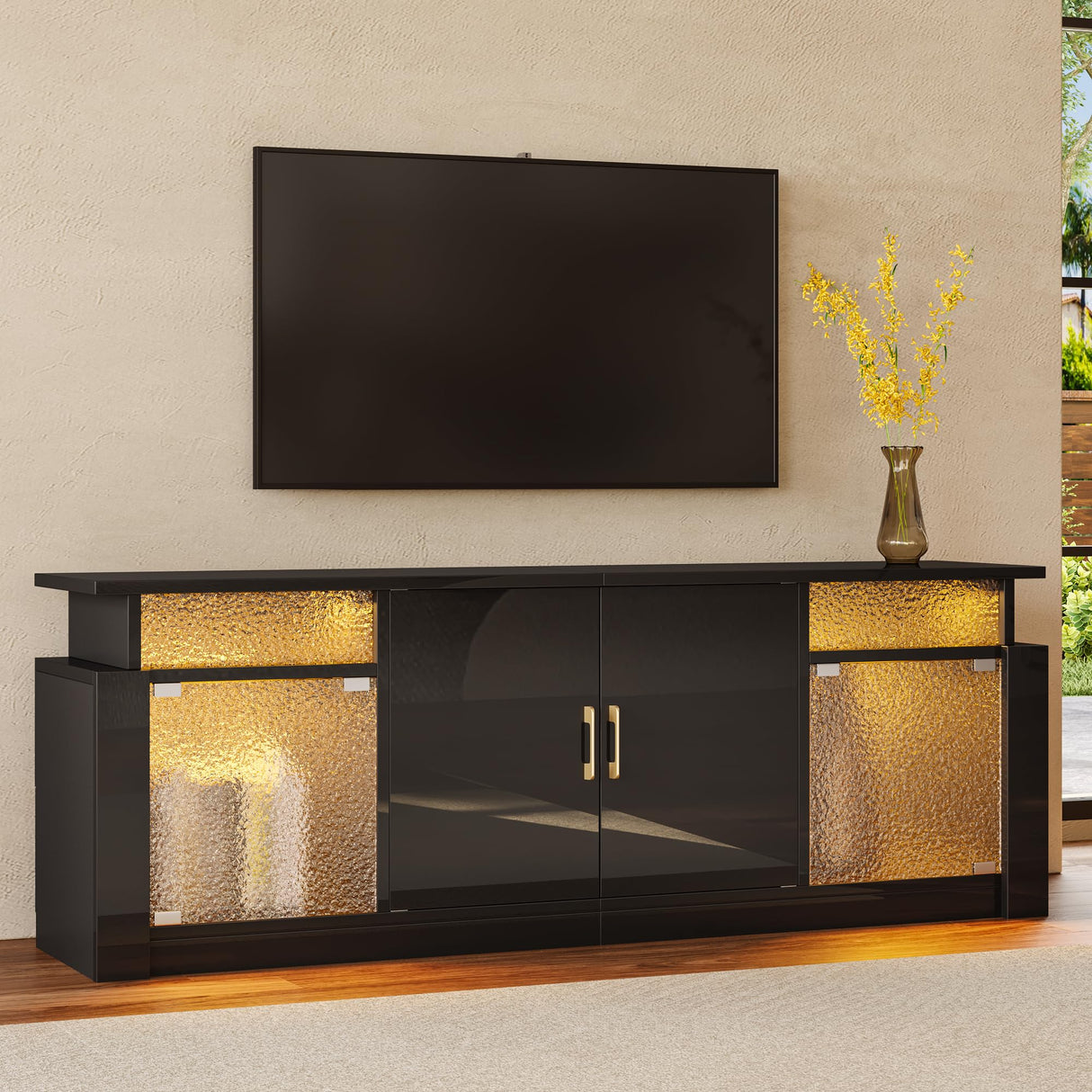 Bestier TV Stand for 55 65 inch TV, LED Entertainment Center with Storage Cabinets & Adjustable Shelves, Modern TV Console with Acrylic Door, TV Stands for Living Room Bedroom (Glossy Black) Bestier