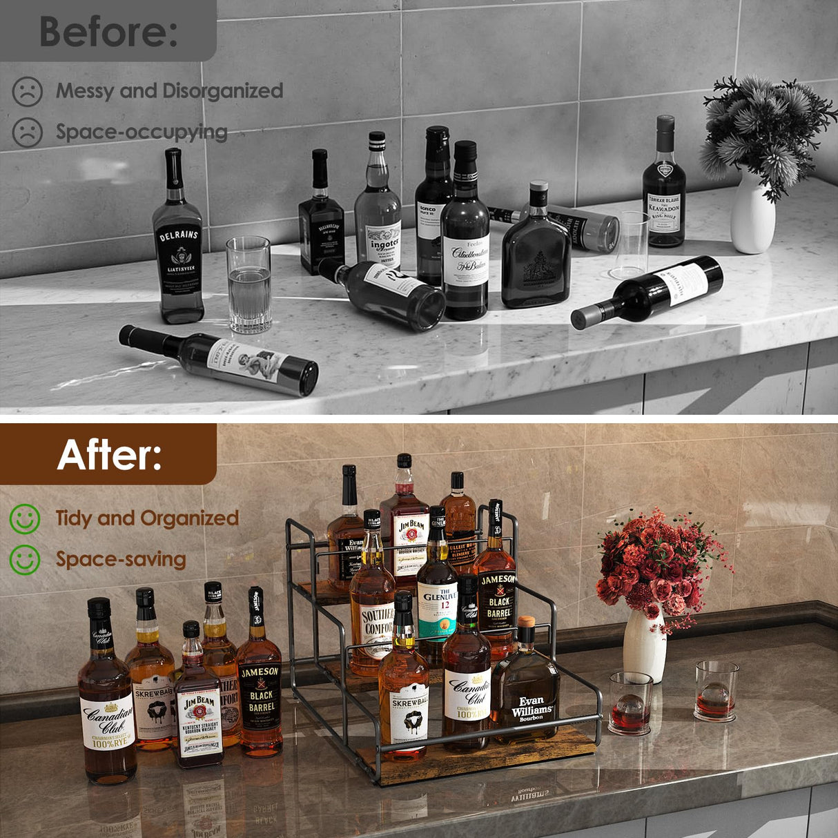 Nuovoware Liquor Bottle Display Shelf, 3-Tier Liquor Shelf, Carbon Steel Bar Cabinet with Wooden Base and Retainer Bar for Whiskey Syrup Wine, Wine Rack for Countertop Kitchen Coffee Bar, Black Nuovoware